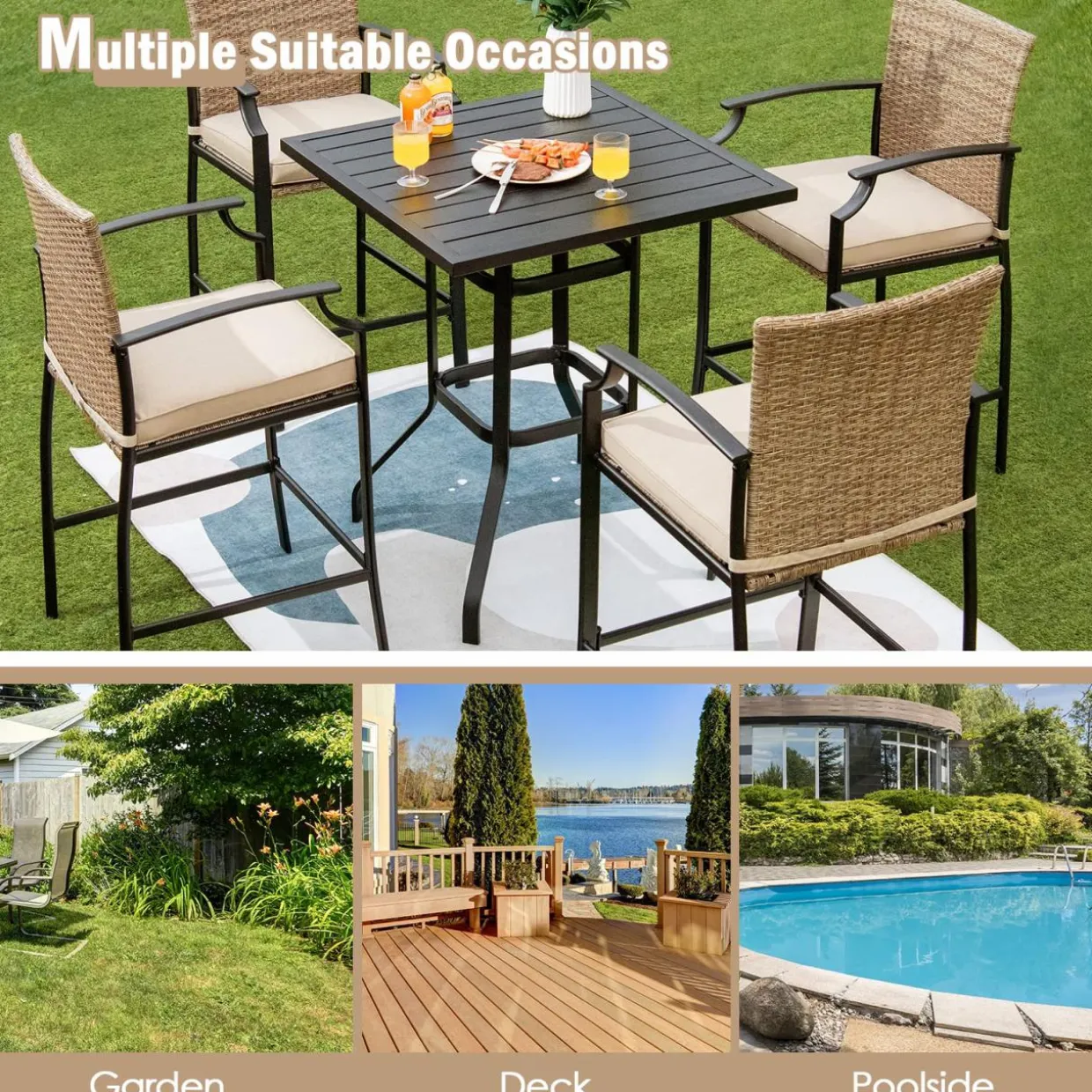Tangkula 5 Pieces Outdoor Patio Bar Set, Rattan Bistro Set W/ 4 Wicker Bar Stools & 1 Bar Table