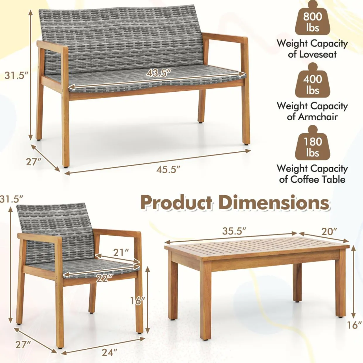 Tangkula 4 Pieces Outdoor Furniture Set, Acacia Wood Frame Sofa Set w/Rattan Seat & Back