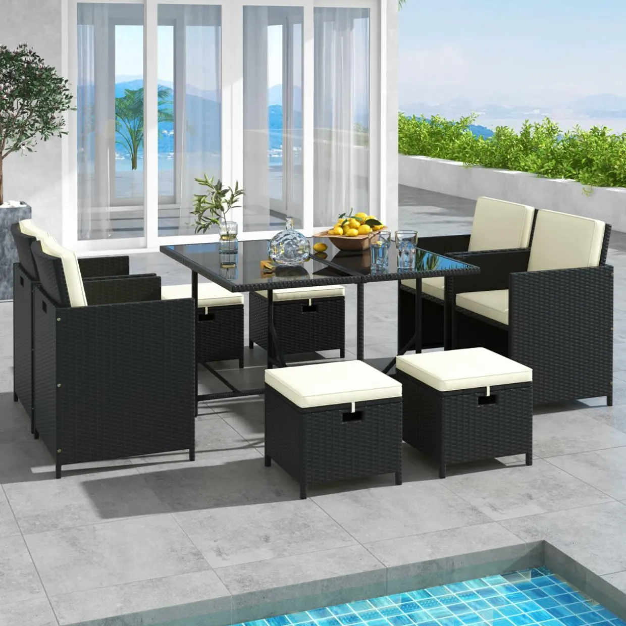 Tangkula 9 Pieces Outdoor Dining Furniture Set, Space-Saving Wicker Rattan Chairs & Tempered Glass Table with Ottomans