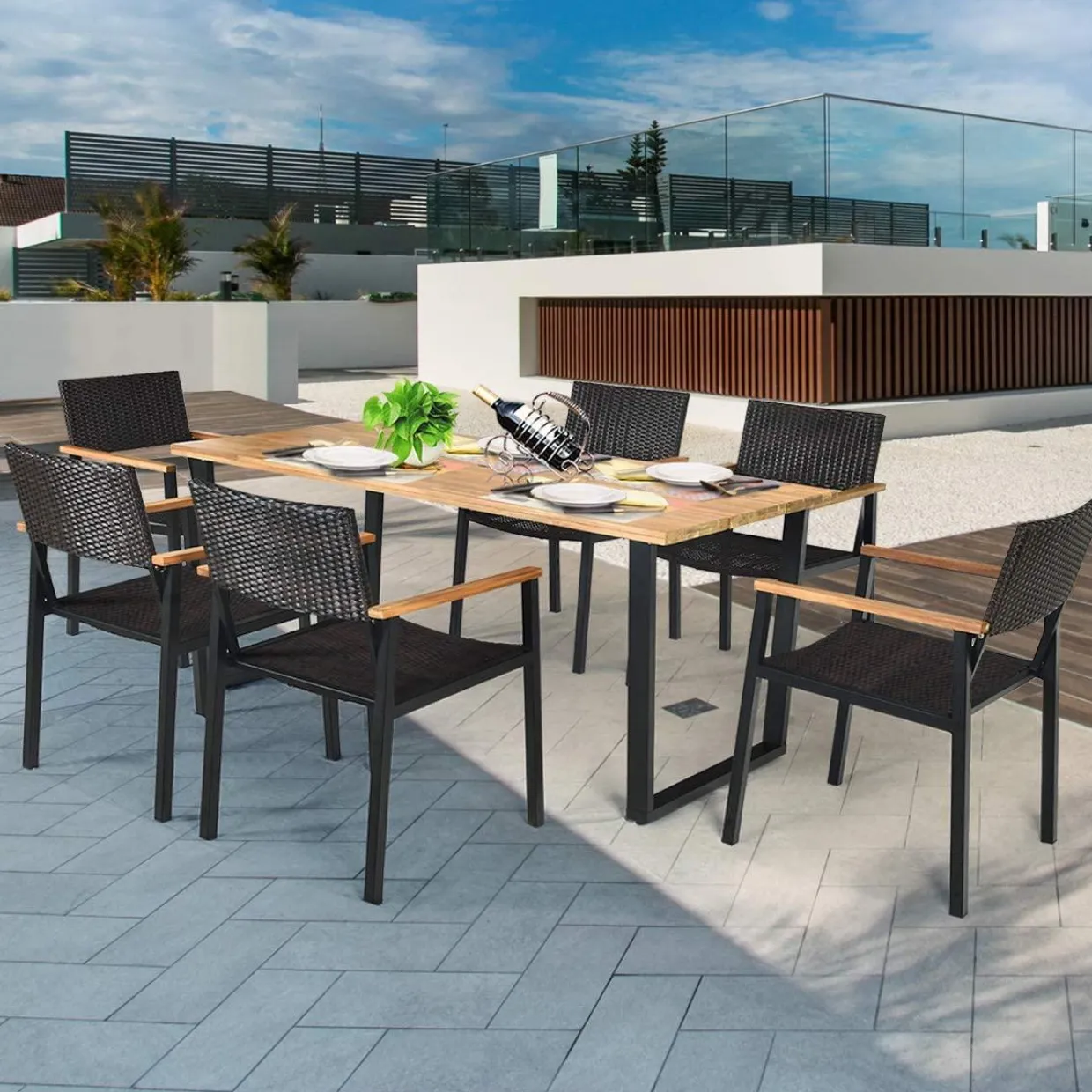 Tangkula 7 Pieces Outdoor Patio Dining Set, Patiojoy Outdoor Conversation Set, Includes Large Acacia Wood Top Table