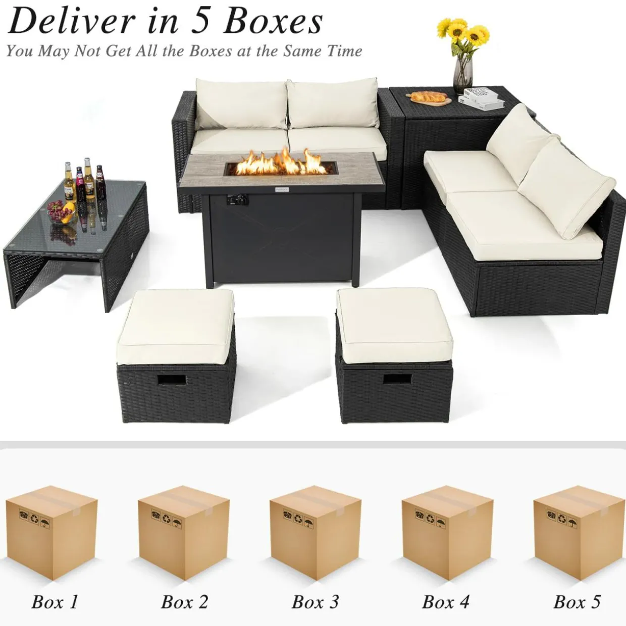 Tangkula 9 Pieces Outdoor Wicker Sectional Sofa with 42" 60,000 BTU Gas Fire Pit Table