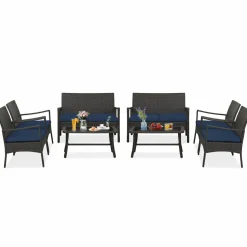 Tangkula 4 Pieces Outdoor Conversation Set, Patio PE Wicker Sofa with Tempered Glass Coffee Table