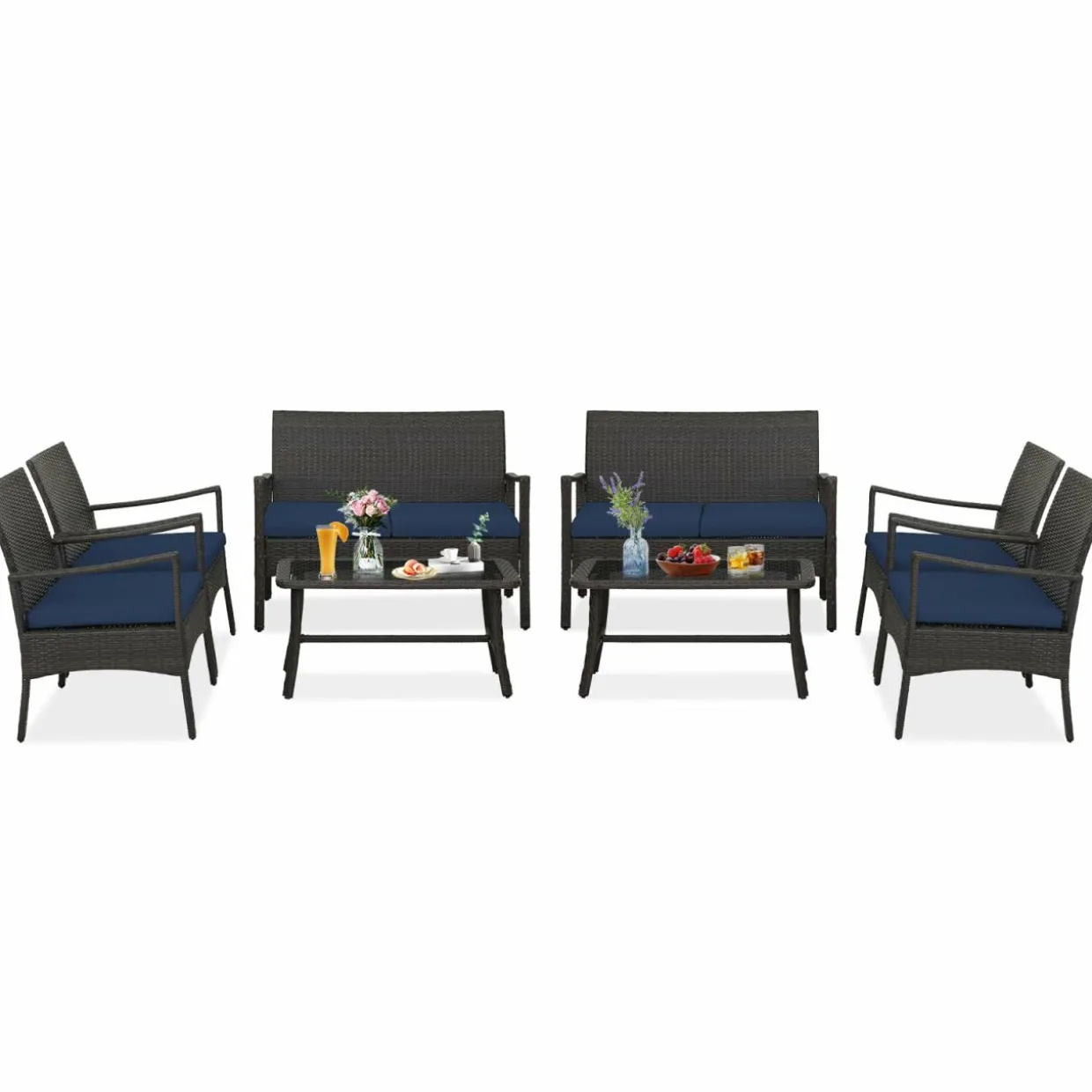 Tangkula 4 Pieces Outdoor Conversation Set, Patio PE Wicker Sofa with Tempered Glass Coffee Table