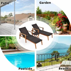 Tangkula 3 Pieces Outdoor Chaise Set, Wicker Rattan Lounge Chair w/Acacia Wood Frame & 4 Adjustable Positions