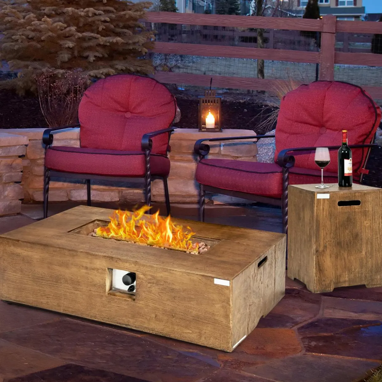 Tangkula 2 Pieces Outdoor Propane Fire Pit Table Set, Patiojoy 48 Inch Rustic 50,000 BTU Rectangular Gas Fire Pit Table