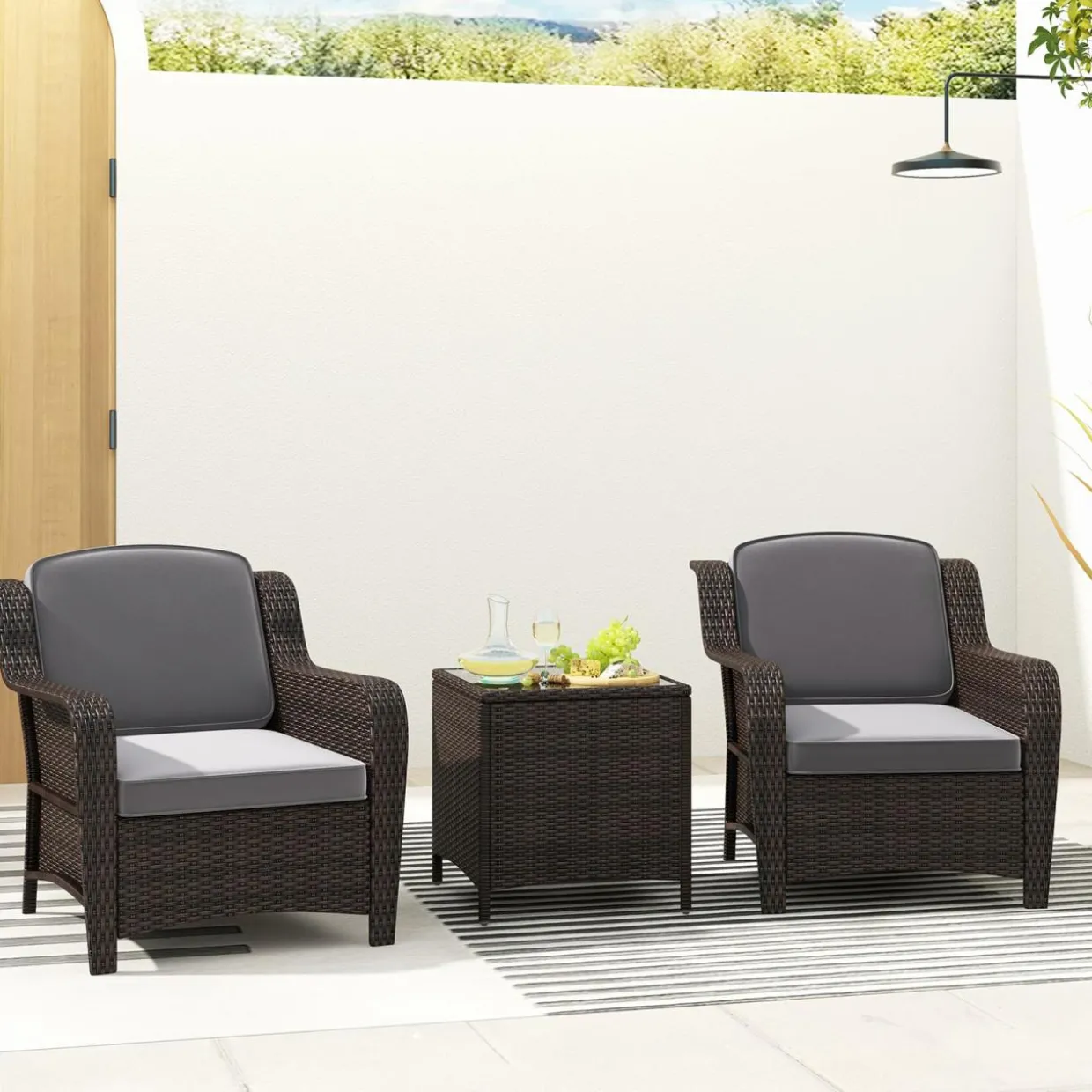 Tangkula 3 Pieces Outdoor Patio Furniture Set, Patiojoy PE Rattan Wicker Chairs with Cushions and Tempered Glass Coffee Table