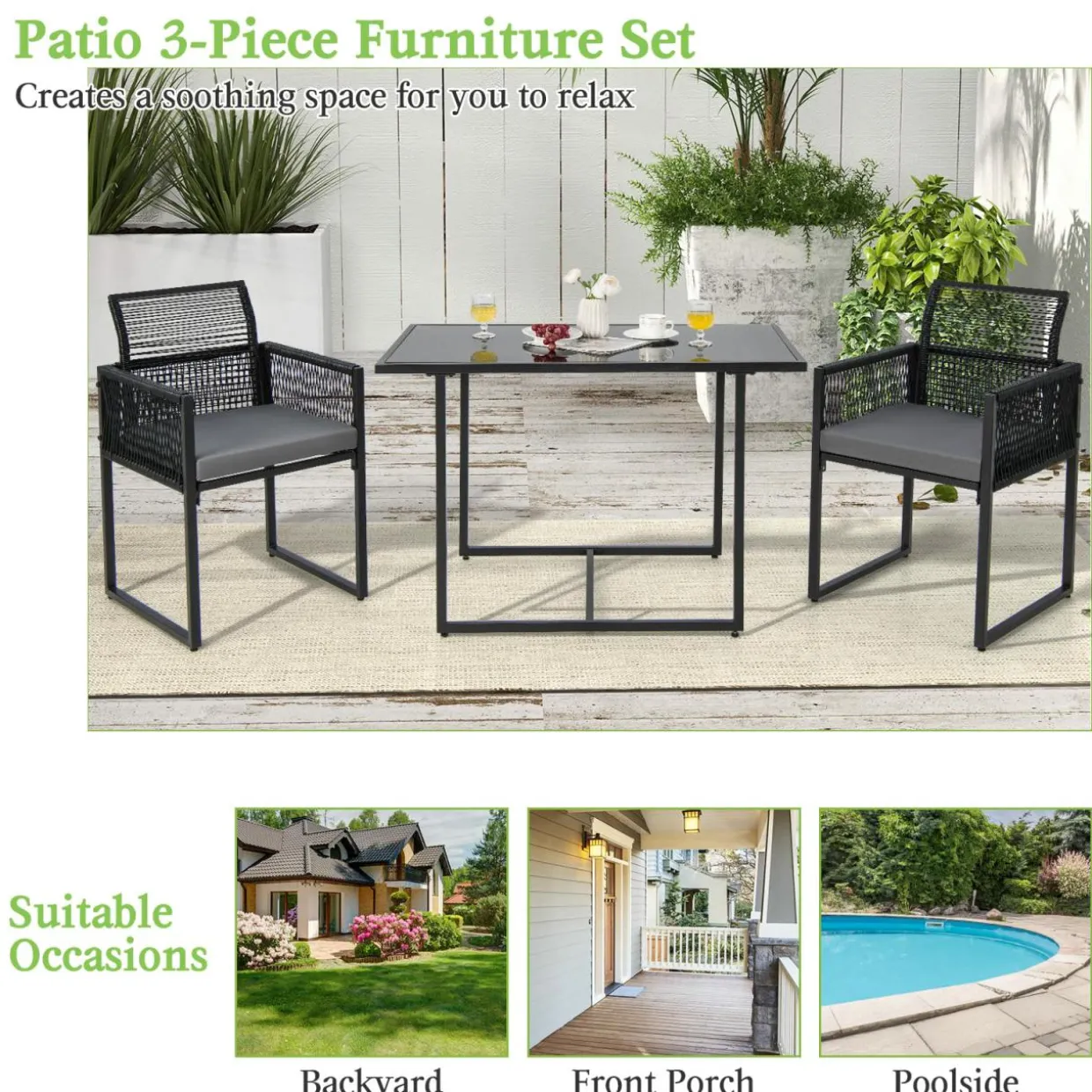 Tangkula 3 Pieces Outdoor Dining Set, Patio PE Rattan Furniture Set