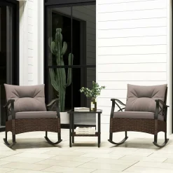 Tangkula 3 Pieces Outdoor Rocking Chairs Set, Rattan Heavy Duty Cushioned Rocker Chairs with 2-Tier Tempered Glass Coffee Table