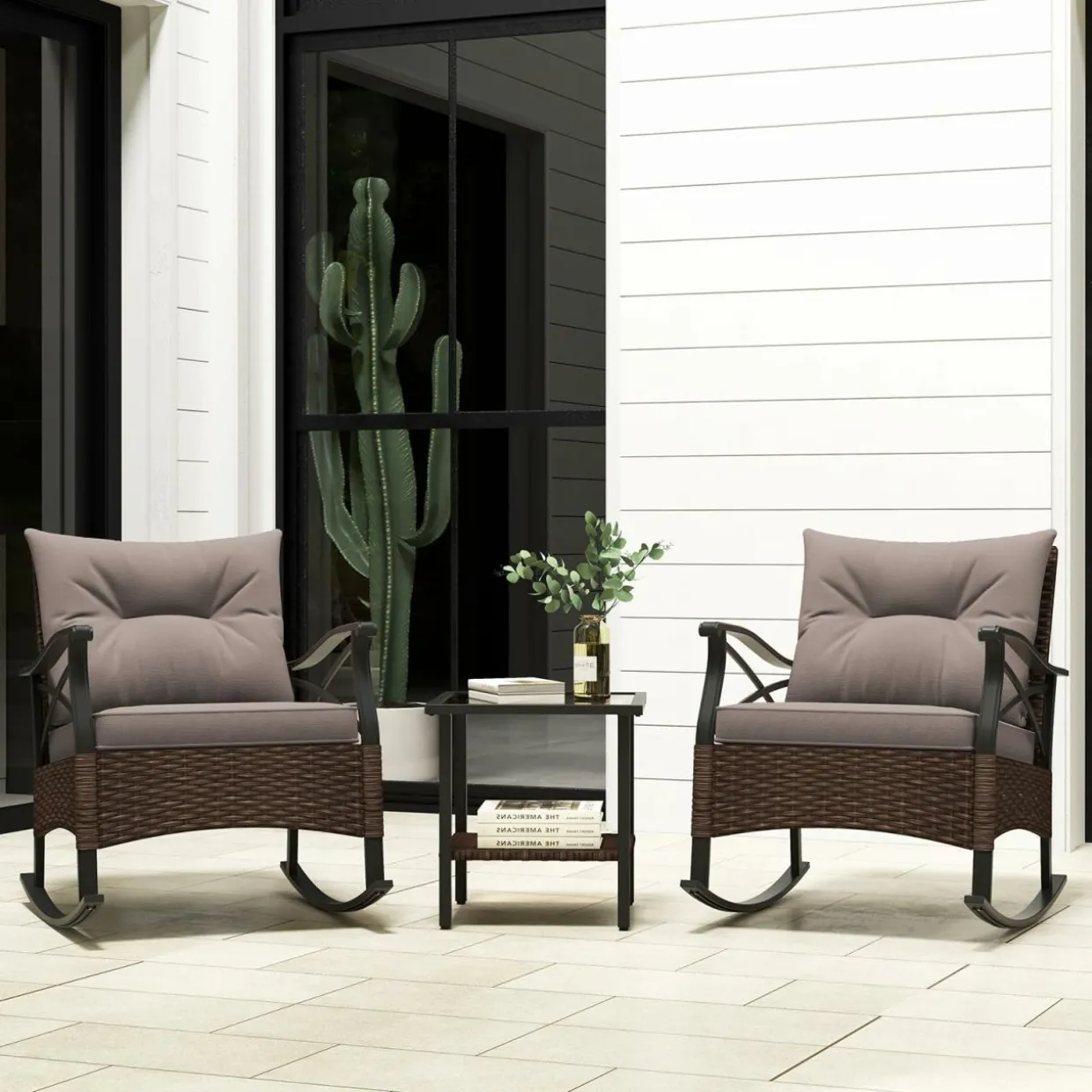 Tangkula 3 Pieces Outdoor Rocking Chairs Set, Rattan Heavy Duty Cushioned Rocker Chairs with 2-Tier Tempered Glass Coffee Table
