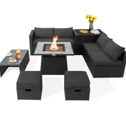 Tangkula 9 Pieces Outdoor PE Rattan Sectional Sofa with 35-Inch Gas Fire Pit Table