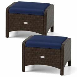 Tangkula 2 Pieces Outdoor Patio PE Wicker Ottomans with Removable Cushions