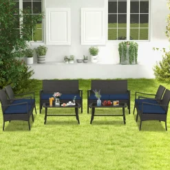 Tangkula 4 Pieces Outdoor Conversation Set, Patio PE Wicker Sofa with Tempered Glass Coffee Table