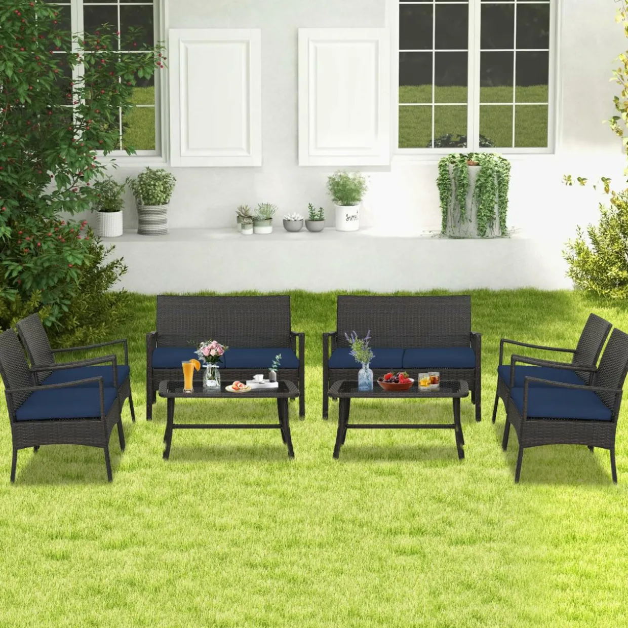 Tangkula 4 Pieces Outdoor Conversation Set, Patio PE Wicker Sofa with Tempered Glass Coffee Table