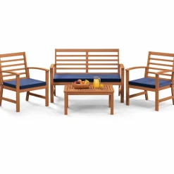 Tangkula 4 Pieces Outdoor Furniture Set, Acacia Wood Conversation Set w/Soft Seat Cushions