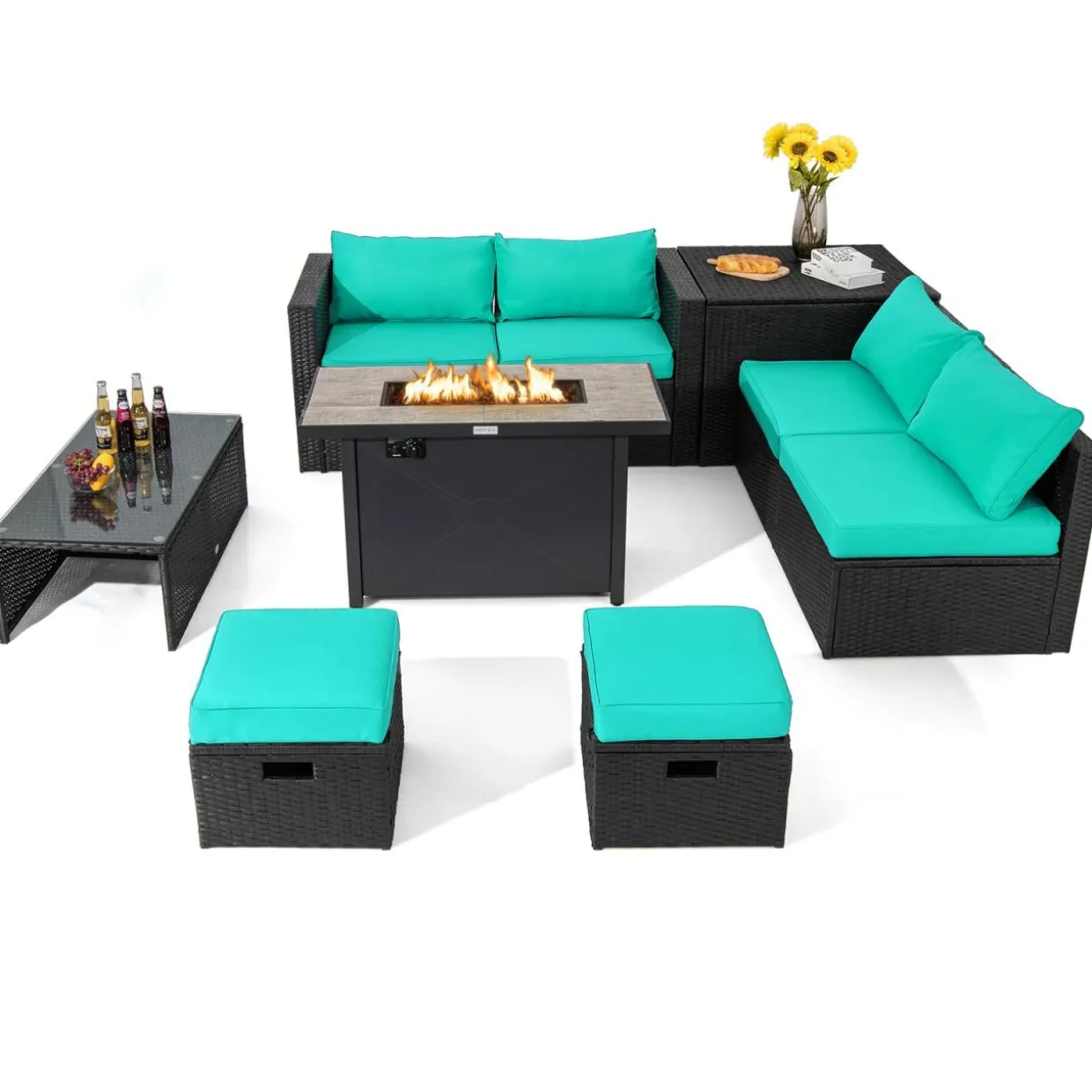 Tangkula 9 Pieces Outdoor Wicker Sectional Sofa with 42" 60,000 BTU Gas Fire Pit Table