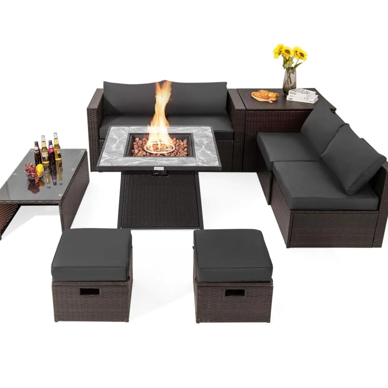 Tangkula 9 Pieces Outdoor Patio Furniture Set with 35-Inch Propane Fire Pit Table