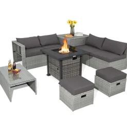 Tangkula 9 Pieces Outdoor Patio Furniture Set with 32-Inch Propane Fire Pit Table