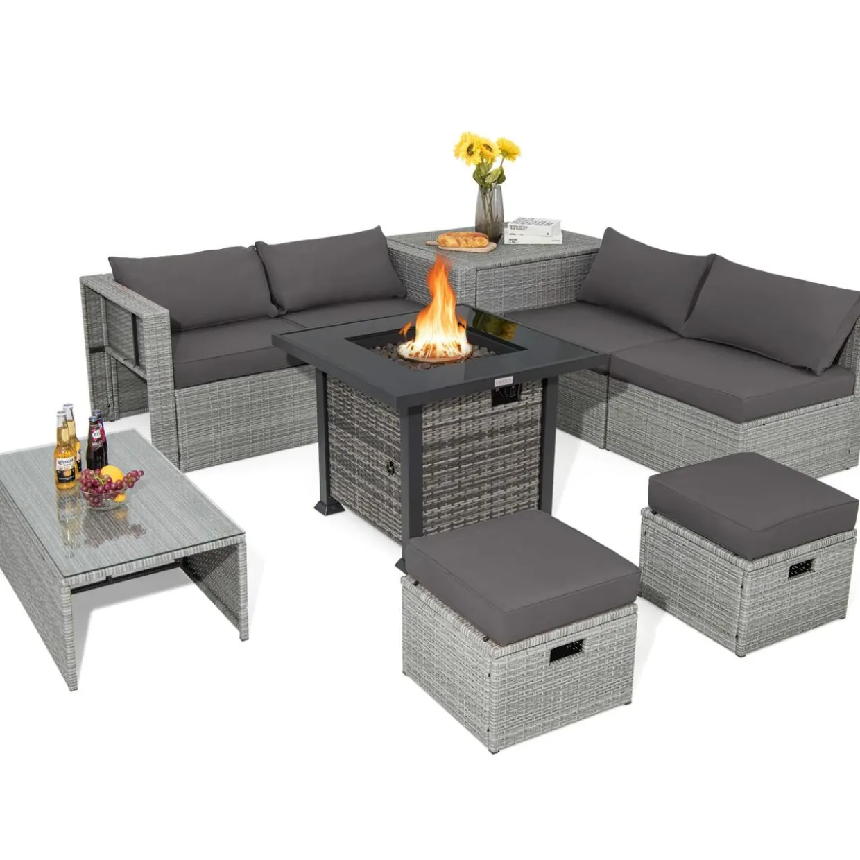 Tangkula 9 Pieces Outdoor Patio Furniture Set with 32-Inch Propane Fire Pit Table