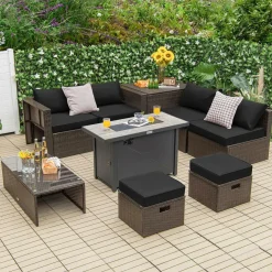 Tangkula 9 Pieces Patio 42” Propane Fire Pit Table Set, PE Wicker Space-Saving Set with Storage Box and Cushions, 60,000 BTU Fire Pit Table