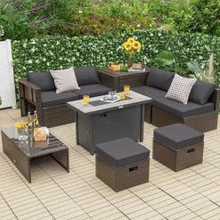 Tangkula 9 Pieces Patio 42” Propane Fire Pit Table Set, PE Wicker Space-Saving Set with Storage Box and Cushions, 60,000 BTU Fire Pit Table