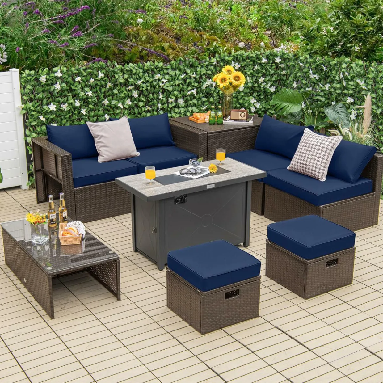 Tangkula 9 Pieces Patio 42” Propane Fire Pit Table Set, PE Wicker Space-Saving Set with Storage Box and Cushions, 60,000 BTU Fire Pit Table