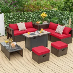 Tangkula 9 Pieces Patio 42” Propane Fire Pit Table Set, PE Wicker Space-Saving Set with Storage Box and Cushions, 60,000 BTU Fire Pit Table
