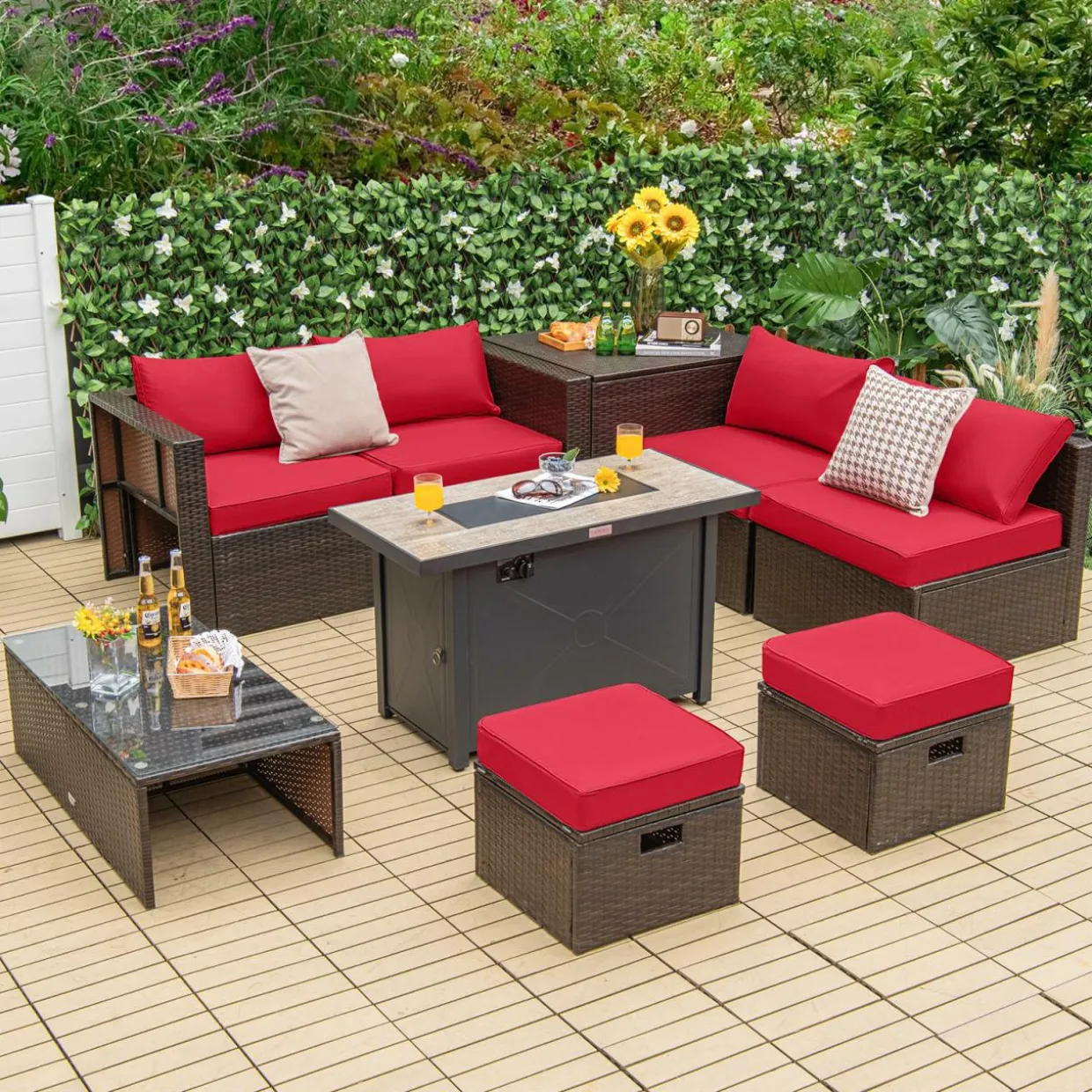 Tangkula 9 Pieces Patio 42” Propane Fire Pit Table Set, PE Wicker Space-Saving Set with Storage Box and Cushions, 60,000 BTU Fire Pit Table
