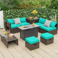 Tangkula 9 Pieces Patio 42” Propane Fire Pit Table Set, PE Wicker Space-Saving Set with Storage Box and Cushions, 60,000 BTU Fire Pit Table