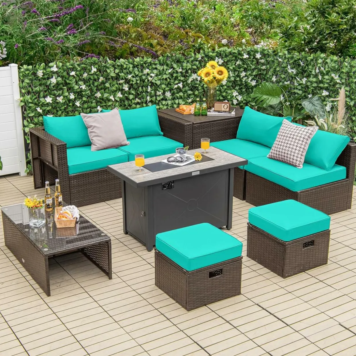 Tangkula 9 Pieces Patio 42” Propane Fire Pit Table Set, PE Wicker Space-Saving Set with Storage Box and Cushions, 60,000 BTU Fire Pit Table