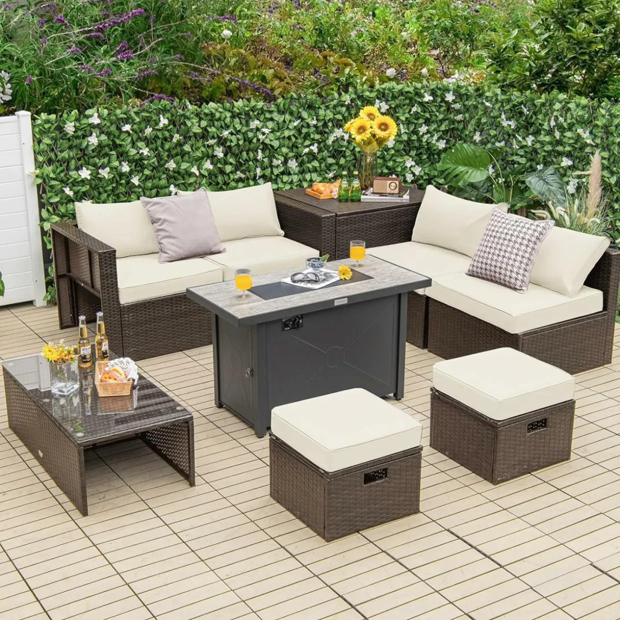 Tangkula 9 Pieces Patio 42” Propane Fire Pit Table Set, PE Wicker Space-Saving Set with Storage Box and Cushions, 60,000 BTU Fire Pit Table