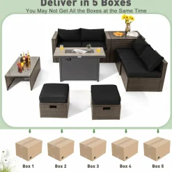 Tangkula 9 Pieces Patio 42” Propane Fire Pit Table Set, PE Wicker Space-Saving Set with Storage Box and Cushions, 60,000 BTU Fire Pit Table