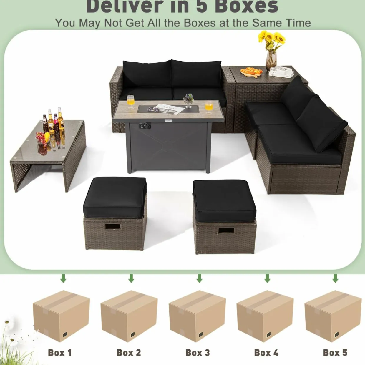 Tangkula 9 Pieces Patio 42” Propane Fire Pit Table Set, PE Wicker Space-Saving Set with Storage Box and Cushions, 60,000 BTU Fire Pit Table