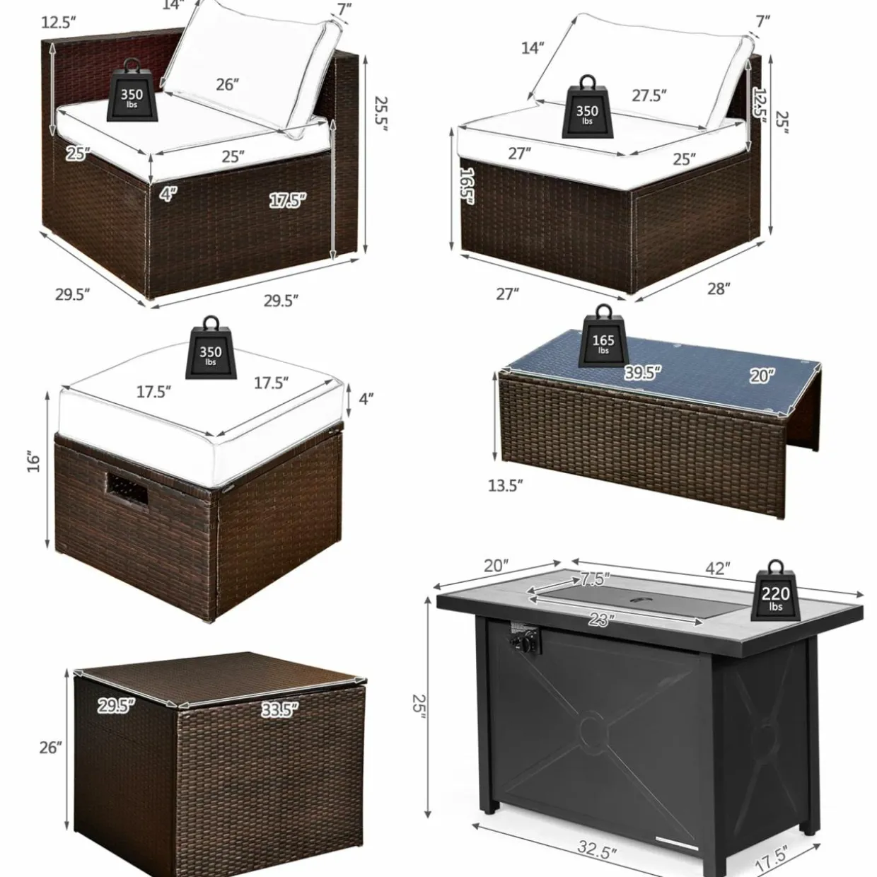 Tangkula 9 Pieces Patio 42” Propane Fire Pit Table Set, PE Wicker Space-Saving Set with Storage Box and Cushions, 60,000 BTU Fire Pit Table