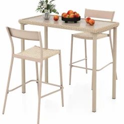 Tangkula 3 Pieces Patio Bar Table Set, Outdoor Bar Height Table & 2 Armless Chairs w/Rattan Seat