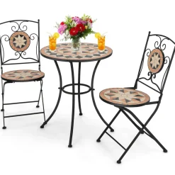 Tangkula 3 Pieces Patio Bistro Set, Outdoor Garden Furniture Set with Round Mosaic Coffee Table & 2 Folding Chairs