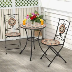 Tangkula 3 Pieces Patio Bistro Set, Outdoor Garden Furniture Set with Round Mosaic Coffee Table & 2 Folding Chairs