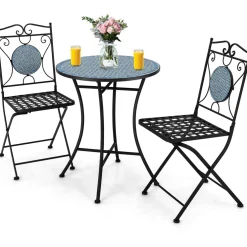 Tangkula 3 Pieces Patio Bistro Set, Outdoor Garden Furniture Set with Mosaic Round Table and 2 Folding Chairs