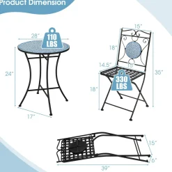 Tangkula 3 Pieces Patio Bistro Set, Outdoor Garden Furniture Set with Mosaic Round Table and 2 Folding Chairs
