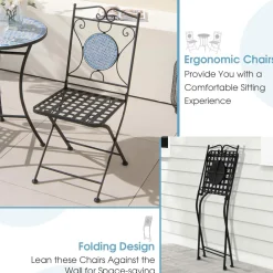 Tangkula 3 Pieces Patio Bistro Set, Outdoor Garden Furniture Set with Mosaic Round Table and 2 Folding Chairs