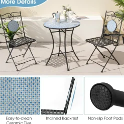 Tangkula 3 Pieces Patio Bistro Set, Outdoor Garden Furniture Set with Mosaic Round Table and 2 Folding Chairs