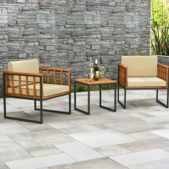 Tangkula 3 Pieces Patio Chair Set, Acacia Wood Outdoor Sofa Set with Metal Support