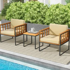 Tangkula 3 Pieces Patio Chair Set, Acacia Wood Outdoor Sofa Set with Metal Support