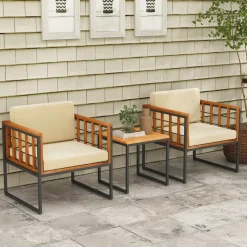 Tangkula 3 Pieces Patio Chair Set, Acacia Wood Outdoor Sofa Set with Metal Support