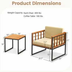 Tangkula 3 Pieces Patio Chair Set, Acacia Wood Outdoor Sofa Set with Metal Support