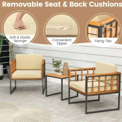 Tangkula 3 Pieces Patio Chair Set, Acacia Wood Outdoor Sofa Set with Metal Support