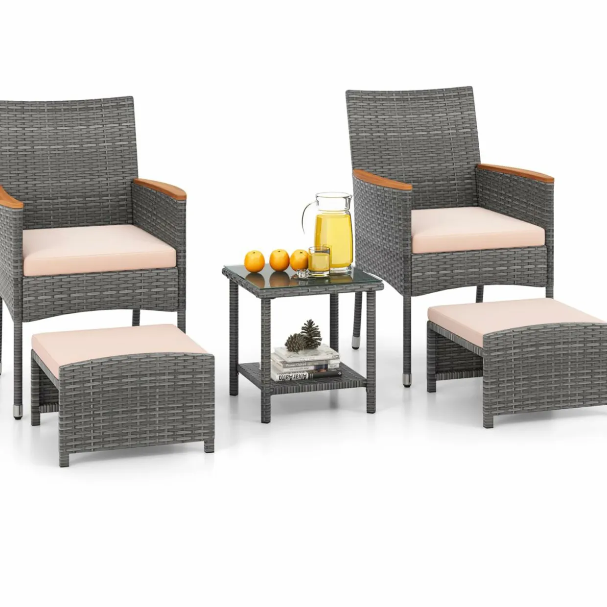 Tangkula 5 Pieces Patio Conversation Set, Outdoor PE Rattan Chairs with Soft Cushions, Ottomans & Tempered Glass Top Table