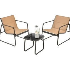 Tangkula 3 Pieces Patio Conversation Set, Outdoor Metal Chair & Table Set, Breathable Fabric & Tempered Glass Tabletop