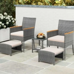 Tangkula 5 Pieces Patio Conversation Set, Outdoor PE Rattan Chairs with Soft Cushions, Ottomans & Tempered Glass Top Table
