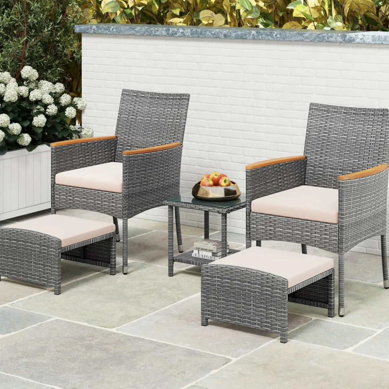 Tangkula 5 Pieces Patio Conversation Set, Outdoor PE Rattan Chairs with Soft Cushions, Ottomans & Tempered Glass Top Table