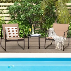 Tangkula 3 Pieces Patio Conversation Set, Outdoor Metal Chair & Table Set, Breathable Fabric & Tempered Glass Tabletop